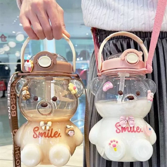 Botol Minum Kawaii Bear Straw Bottle Beruang 3D Transparan 1400 Liter