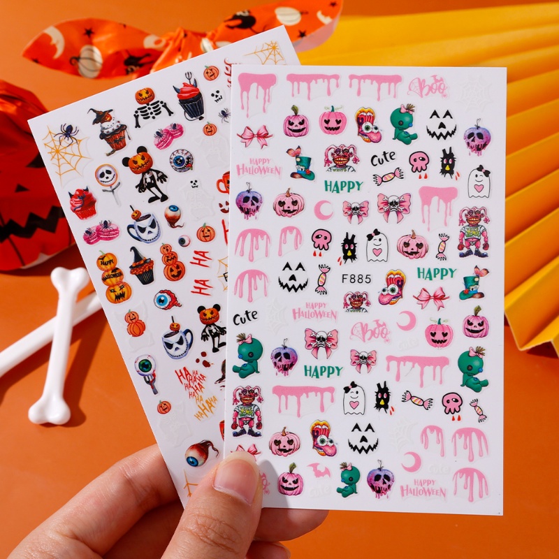 Stiker Kuku 3D Motif Kartun Hantu Labu Tengkorak Halloween Untuk Dekorasi Nail Art