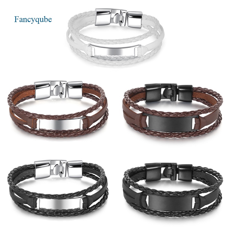 Fancyqube Gelang Tangan Bahan Kulit Dan Stainless Steel Multilayer Gaya Klasik Untuk Pria