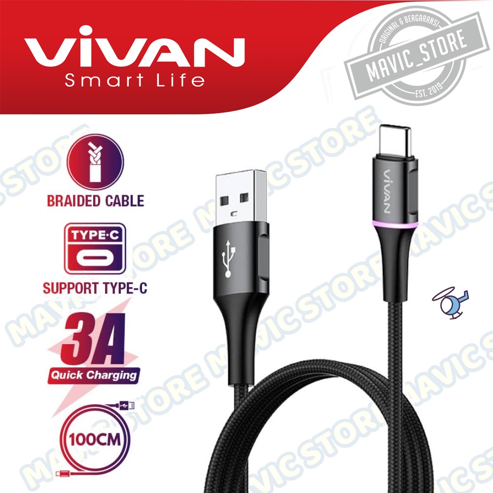 VIVAN VDC100 Kabel Type C 3A LED Light Quick Charge 1M - Garansi Resmi 1 Tahun ORIGINAL