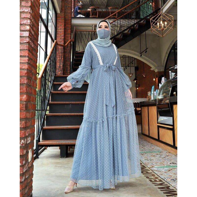 Baju Gamis Pesta Tiara Maxi Dress Tile Dot Dress Kondangan Remaja Dress Busui Fashion Wanita Terlaris-Abu