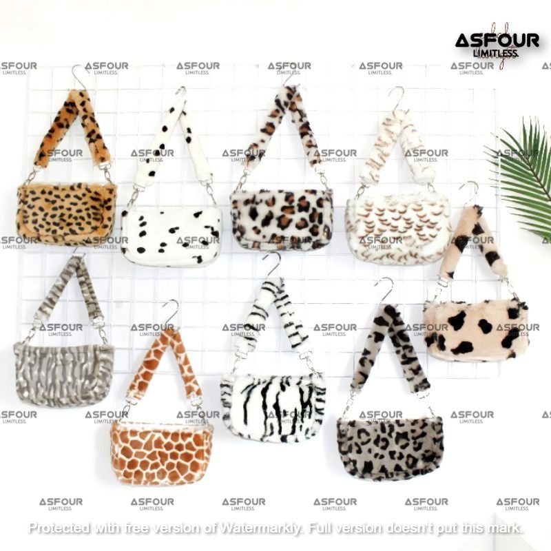 Asfour - Animal Shoulder Bag Slingbag Bulu Korean Style Wanita Terbaru Fur Animal Pattern Handbag