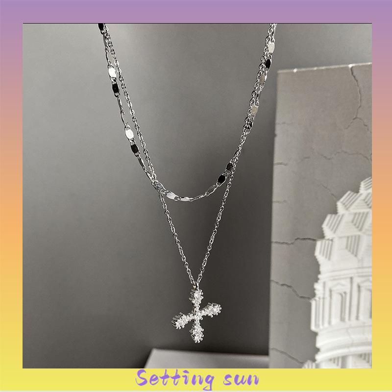 Kalung Liontin Salib Lapis Ganda Bahan Zirkon Gaya Hip Hop TN