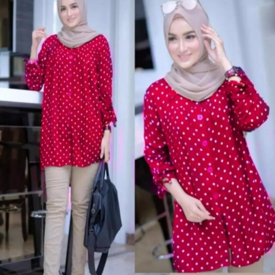 Koleksi Terbaru.. Tunik Polkadot Jumbo Tunik Murah Tunik Terbaru Tunik Import Baju Muslim Panjang Ka