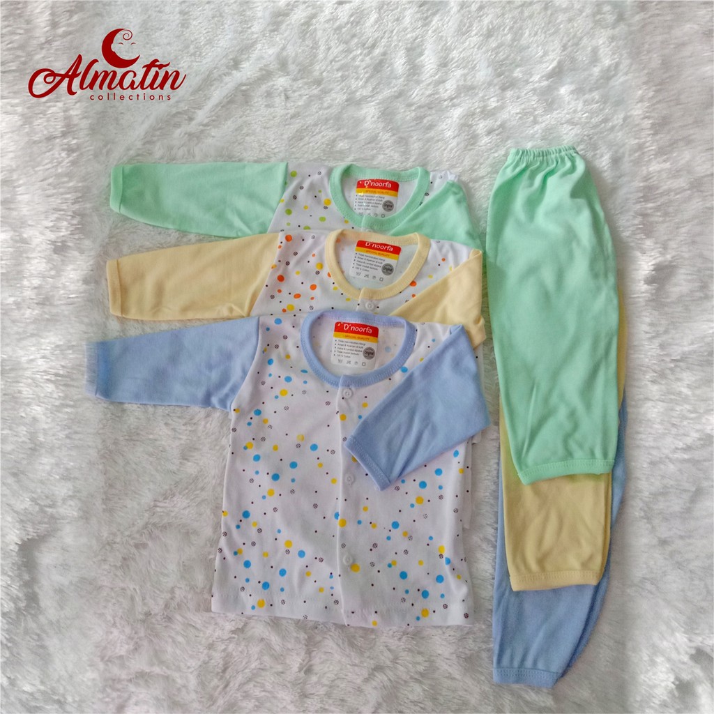 3STEL Baju Bayi Lengan Panjang MURAH / Setelan Piyama Baju Tidur Panjang D'noorfa Kancing Depan