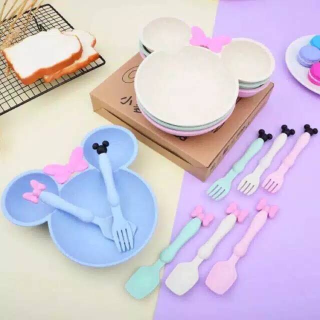 SET PIRING Makan Anak Karakter Minnie Mickey Sendok Garpu