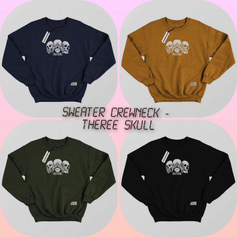 Sweater crewneck black motif simpel pria wanita sweater crewneck CN THREE SKULL original pickwoods