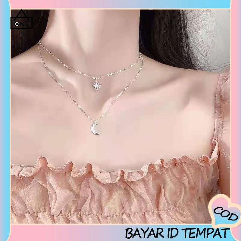 COD❤️Kalung Oktagonal Star Moon Double Layer Kalung Wanita Cahaya Mewah Rantai Klavikula Tumpang Tindih