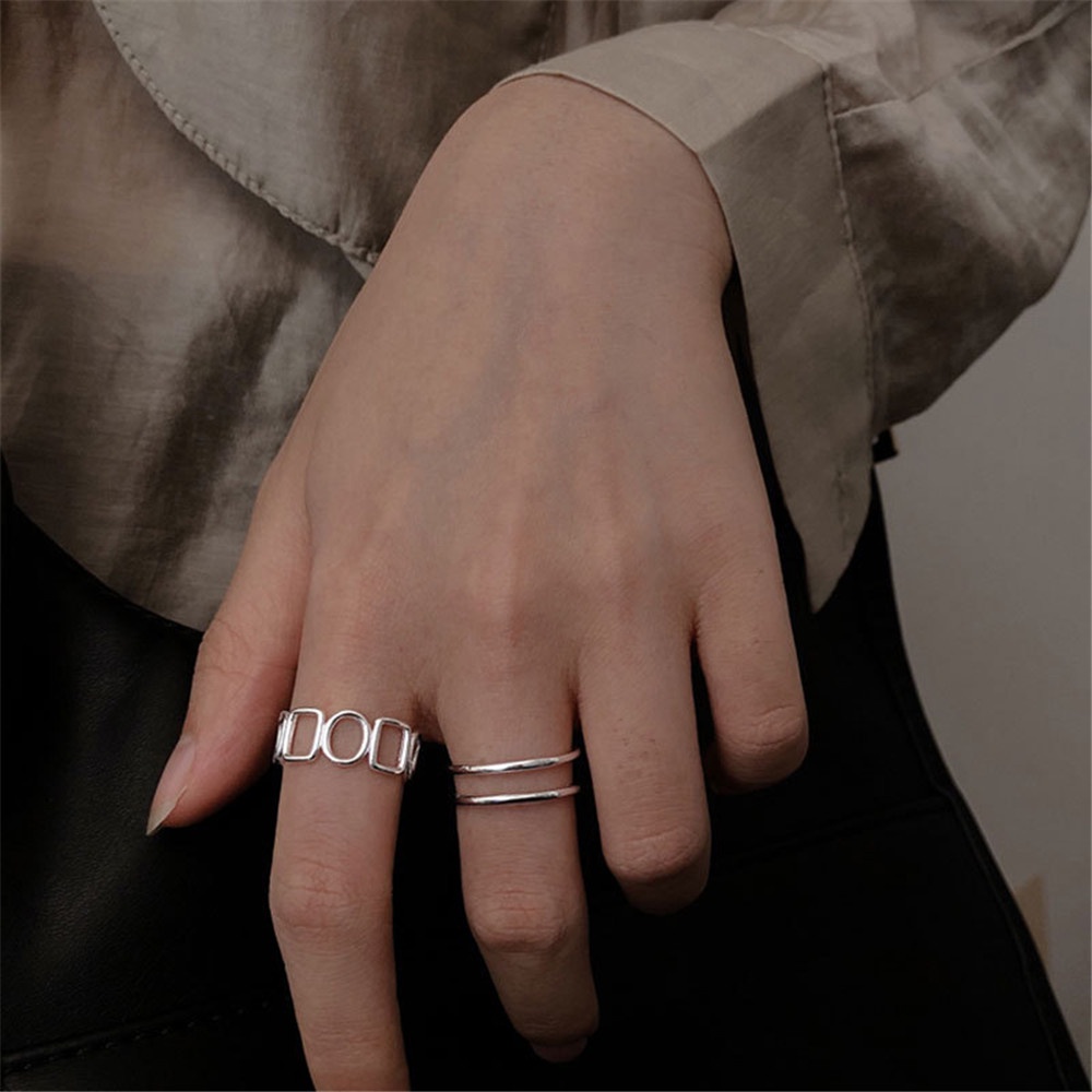 2pcs / Set Cincin Model Terbuka Desain Geometri Lapis Ganda Warna Silver Untuk Wanita