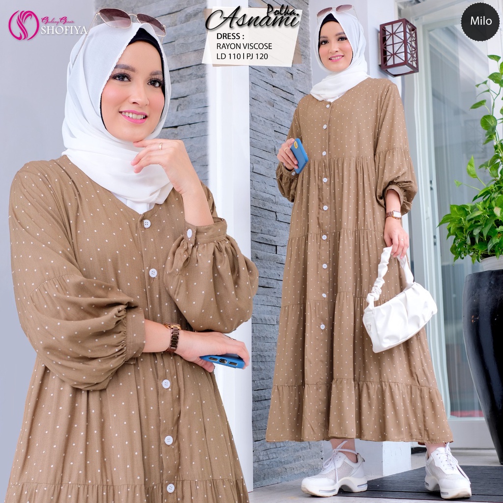 ASNAMI POLKA MIDI DRESS BERMOTIF BAHAN RAYON ORIGINAL SHOFIYA