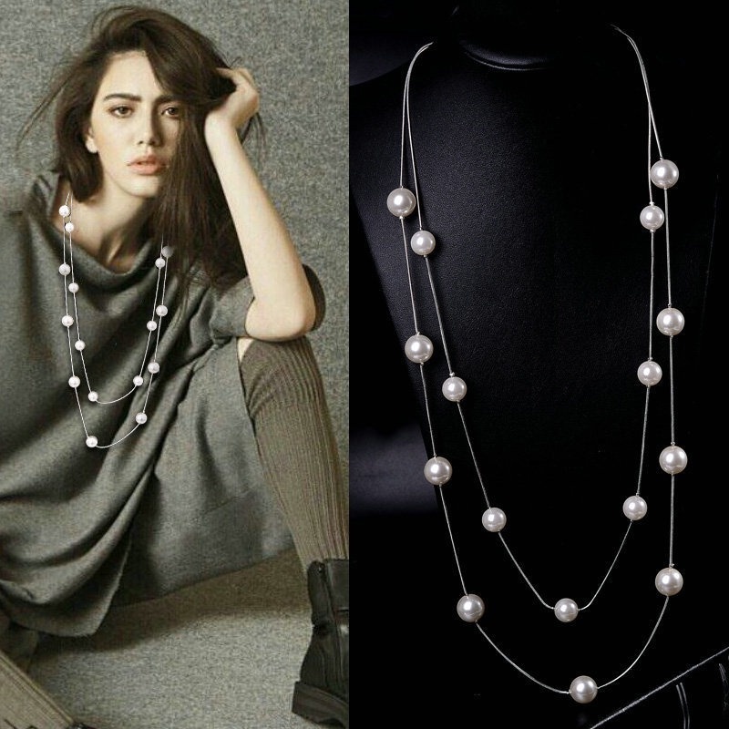 Kalung Rantai Panjang Double Layer Aksen Mutiara Buatan Gaya Korea Untuk Wanita