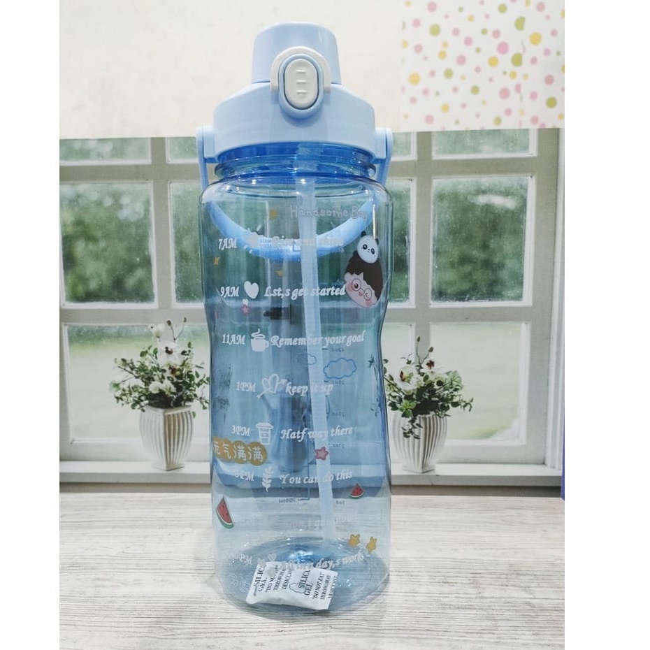 Botol minum Jumbo 2 LITER Motivasi Penanda waktu Tritan Quifit Handle BENING 2000ML FREE STIKER-BIRU