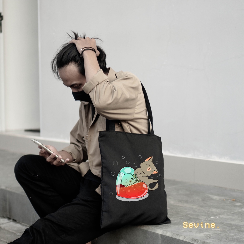 Sevine Tas Wanita Tote Bag Resleting Totebag Cute Cat Hitam Black Series - CSL4