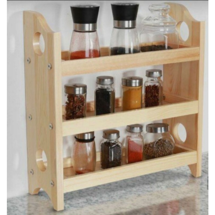 Rak bumbu dapur kayu 3 tingkat