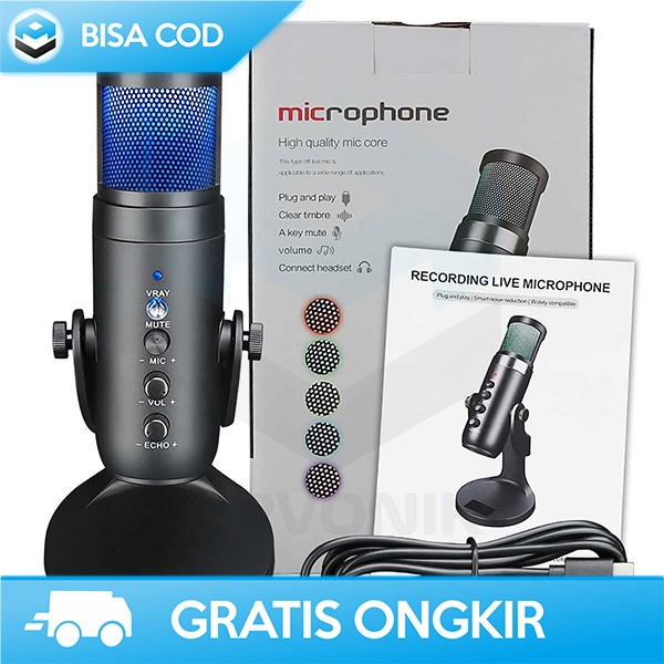 MIC CONDESER MIKROFON KONDENSOR MIC STUDIO LEORY USB TYPE C RGB LIGHT