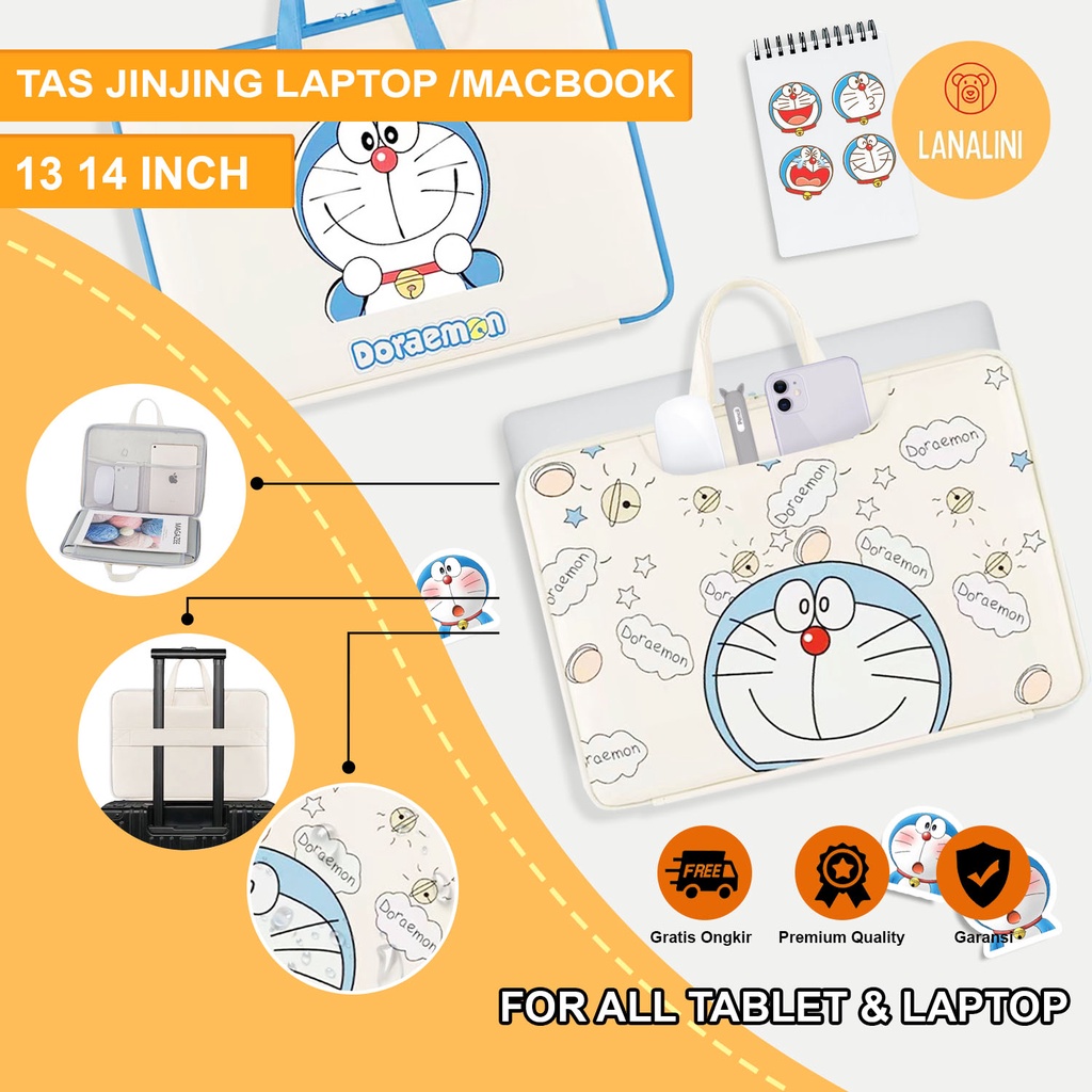 Sleeve Pouch Sarung Tas Bag Case Ipad Tab Tablet Macbook Air Pro Laptop Asus Acer Lenovo HP Huawei 11 12 13 14 15 inch Motif Gambar Kartun Cartoon Doraemon Warna Putih Biru White Blue Cute Murah Korean Model Jinjing Tali Strap Waterproof Tahan Air