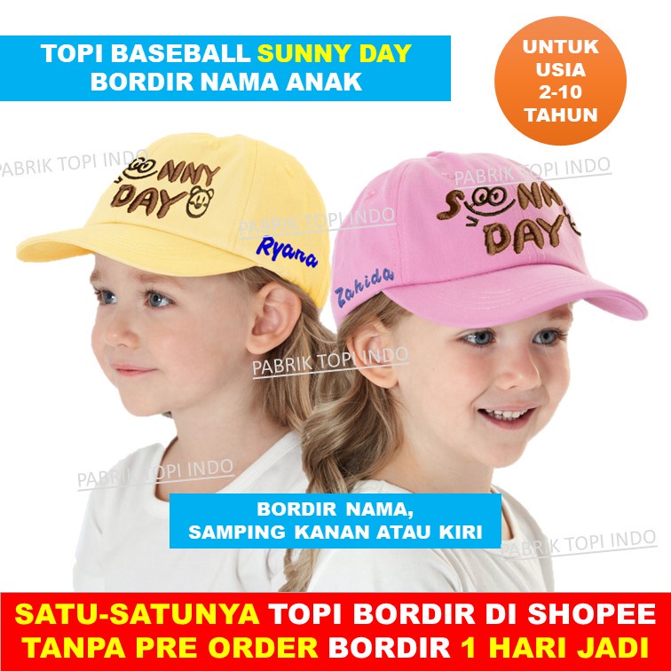 Topi Baseball Anak Bordir Sunny Day Laki Perempuan Imut Lucu Bordir Nama Anak Usia 2-10 Tahun