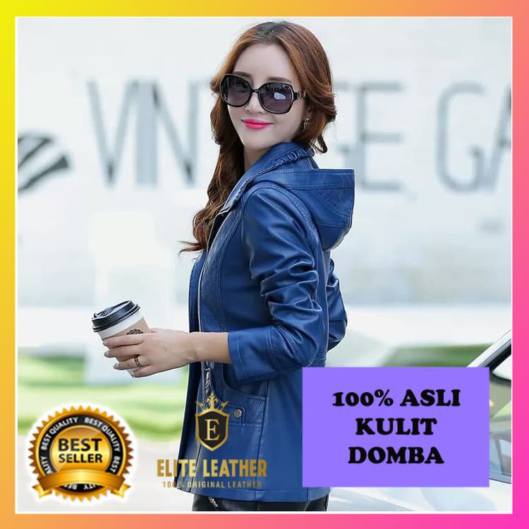 JAKET KULIT WANITA WARNA BIRU MODEL KUPLUK ASLI KULIT DOMBA GARUT EL277