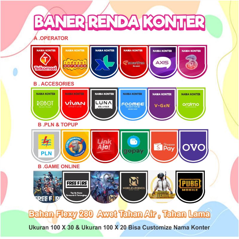 Spanduk renda  hiasan konter pulsa / Toko sembako / Listrik /Kuliner/Juss Custom design