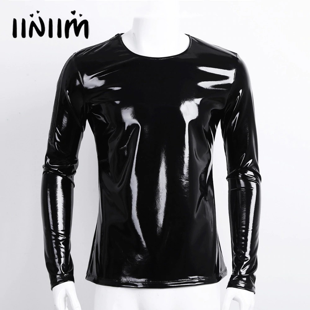 [FREE ONGKIR SEMUA PRODUK] iiniim Black Mens Patent Leather Long Sleeve Zipper T-shirt Nightclub