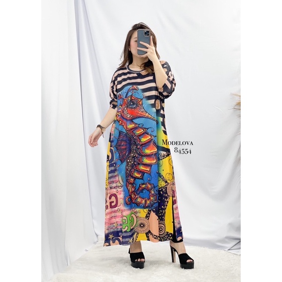 MDLV ~ 84554 SEAHORSE PAINTING PRINTED DRESS /LONG DRESS IMPORT /GAMIS IMPORT /FASHION MUSLIM IMPORT