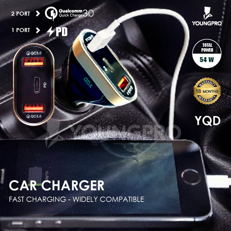 YOUNGPRO Car Charger Quick Charger Dual QC 3.0 + 1 Port Power Delivery YQD-0