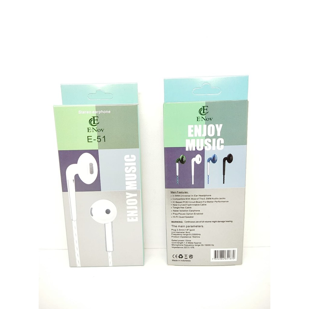 Handsfree ENov E-51 With Mic &amp; Volume Controller Stereo Earphone 3.5mm Super Bass