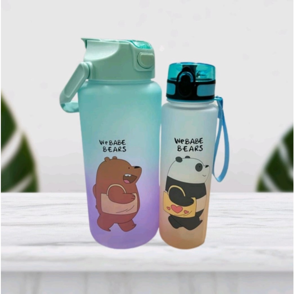 Botol Minum Couple Pasangan + Sticker 2D &amp; 3D Gradasi We Babe Bear 1Set 2 Liter Dan 800ML Food Grade Bebas BPA Dengan Penanda Waktu Webabe Bears-Botol Minum Viral Motivasi 2in1 Botol Minuman Anti Bocor Awet Tahan Lama