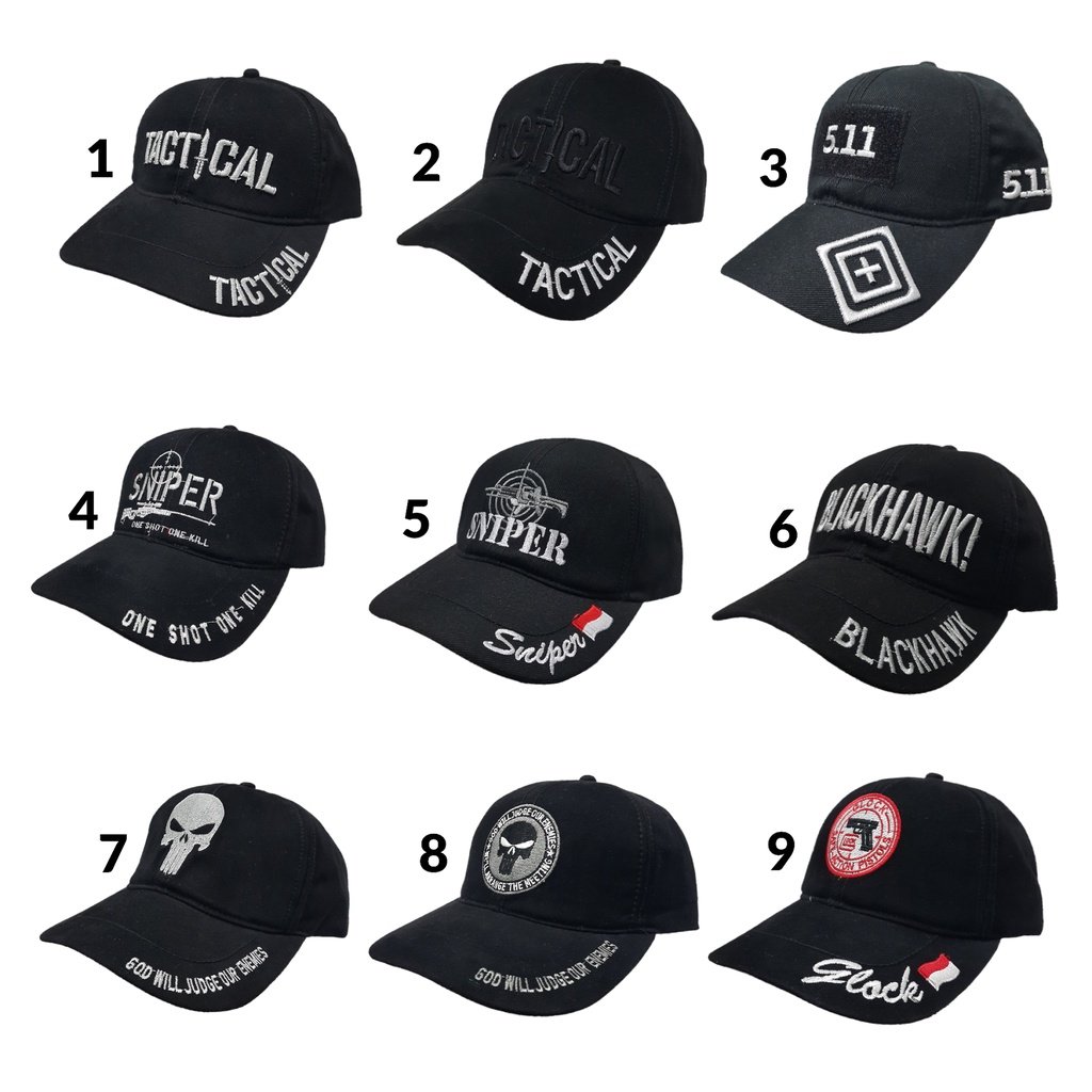 Topi Bordir Tactical, Sniper, Skull, Glock Kanvas Hitam