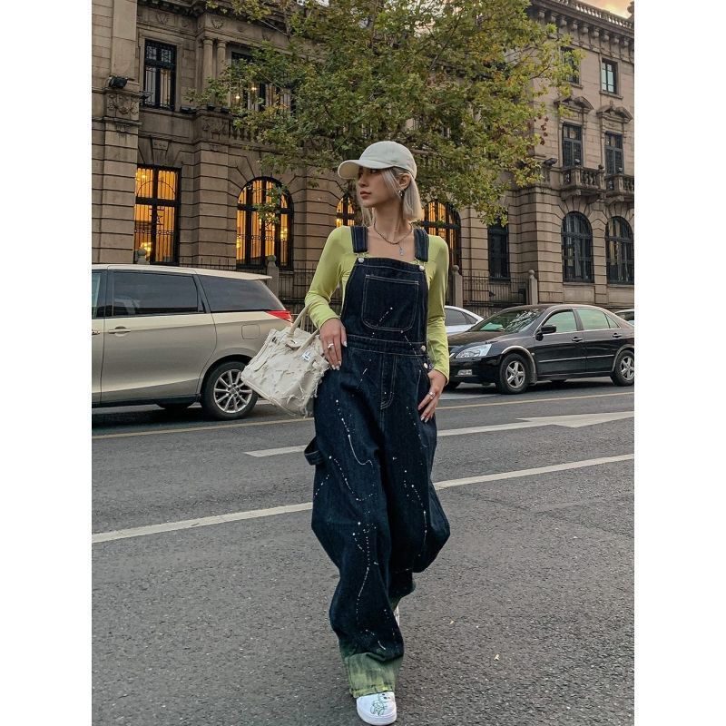 Kunbai ink suspender jeans wanita Amerika retro longgar lurus celana lebar kaki ins celana ramping w