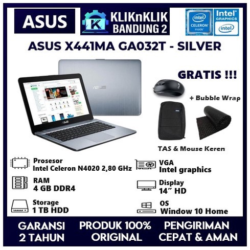 LAPTOP ASUS X441MA GA032T N4020U 4GB 1TB WIN10HOME SILVER GRADIENT