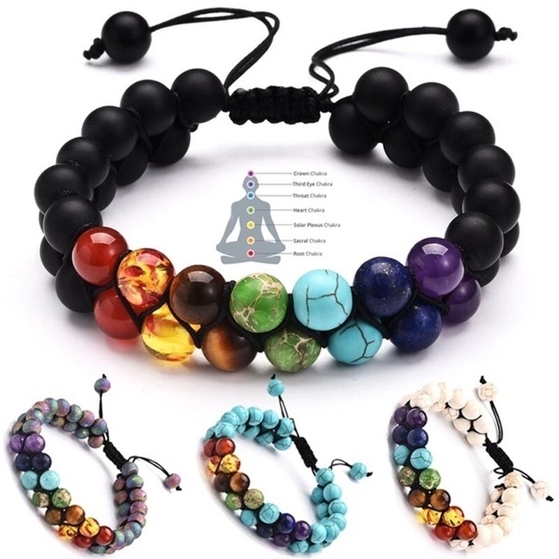 Gelang Manik-Manik Batu Alami 7 Chakra Energi Penyembuhan Multilayer Adjustable Warna Putih Turquoise