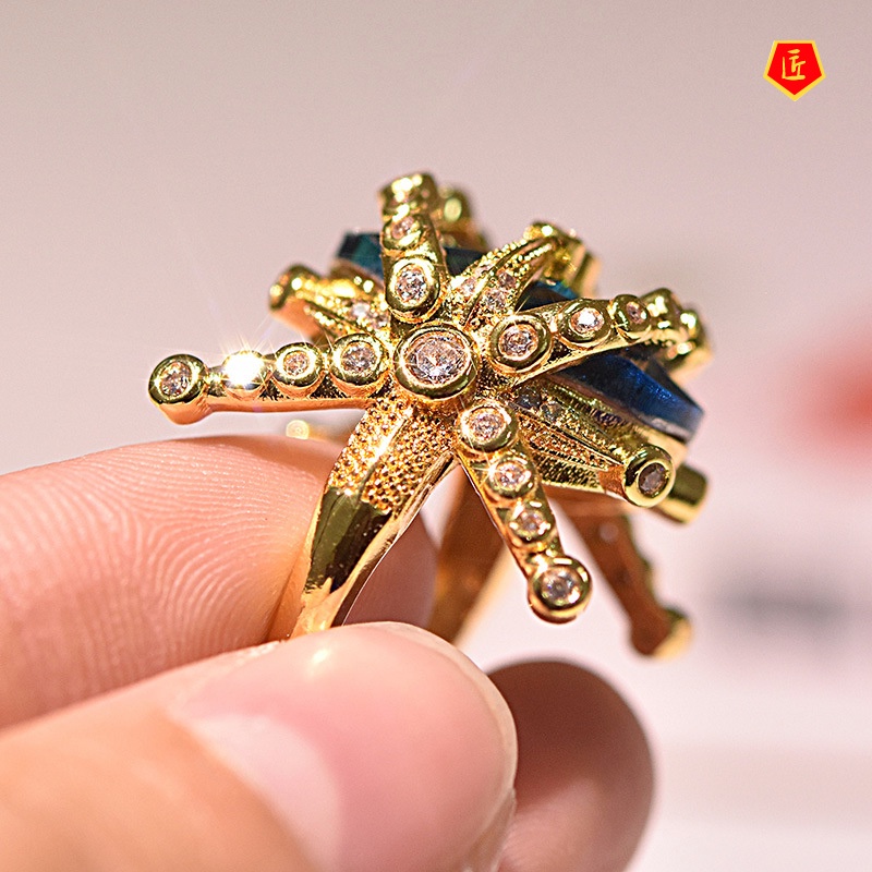 [Ready Stock]18K Gold Blue Topaz Starfish Ring Luxurious and Personalized