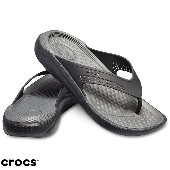 Crocs Literide Jepit / Sandal Unisex / Sandal Pria / Sandal Wanita - Grey Black 205182-0DD