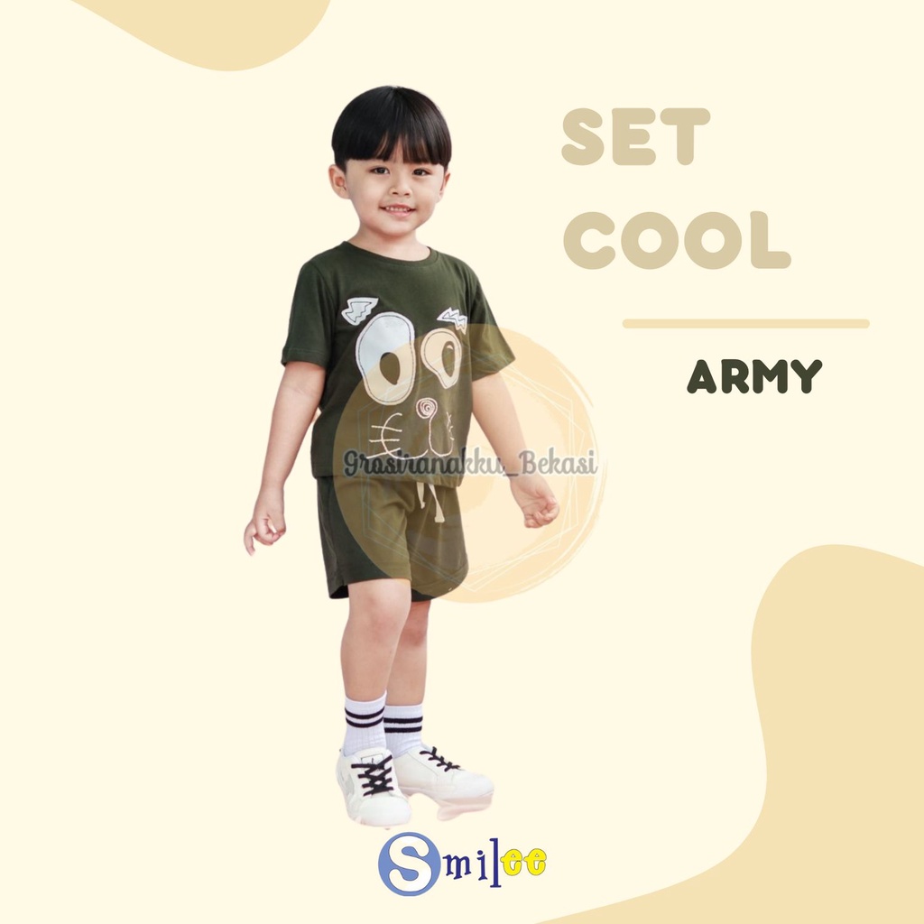 Setelan Anak Unisex Smilee Cool Warna Hijau Army Size 1-5Thn