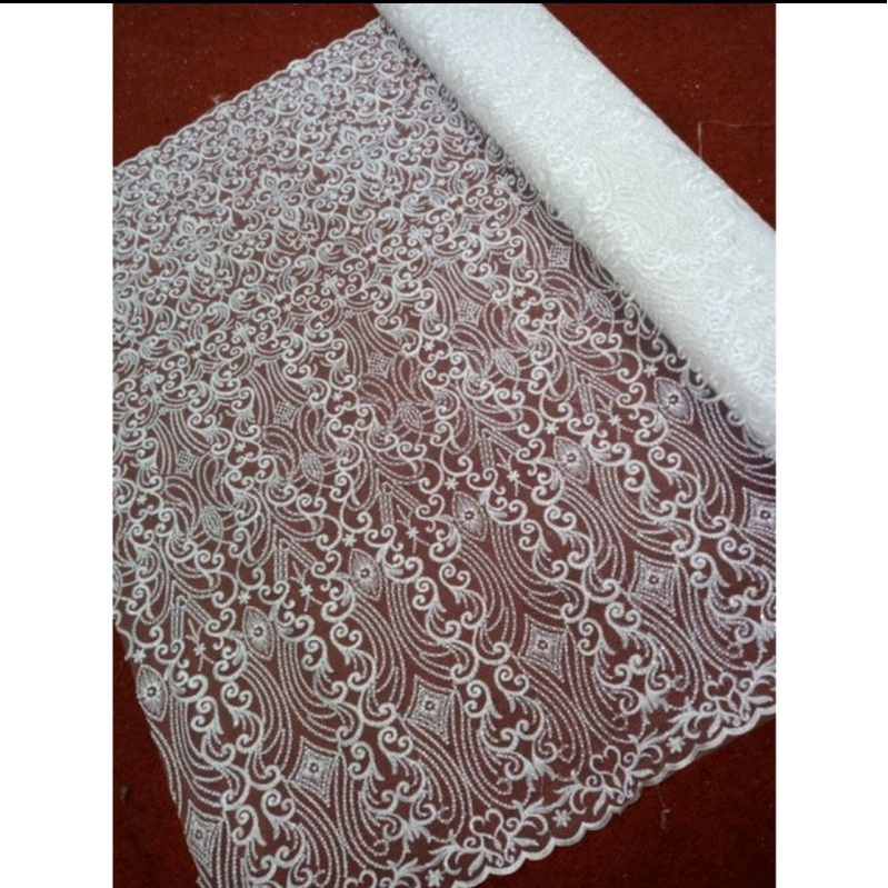 Kain tile putih/tile bordir elisab/tile prada/tile akar mutiara/tile kebaya bordir/tile payet bordir