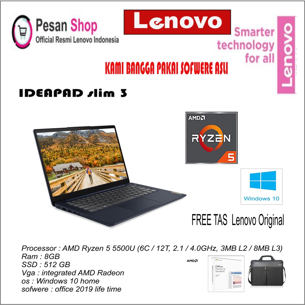 LENOVO IDEAPAD slim 3/ALID/RYZEN 5 5500U/RAM 8GB/SSD 512GB/INTEGRATED GRAPHICS/WINDOWS 10 HOME/OHS 1