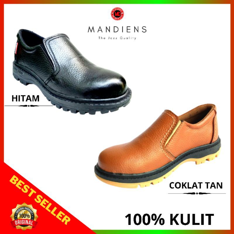 MANDIENS - Sepatu Safety Pria Kulit Asli Ujung Besi Boyken KR.10 Model Slip On  Safety Shoes Warana Hitam Cokelat Untuk Kerja Proyek  Kitchen