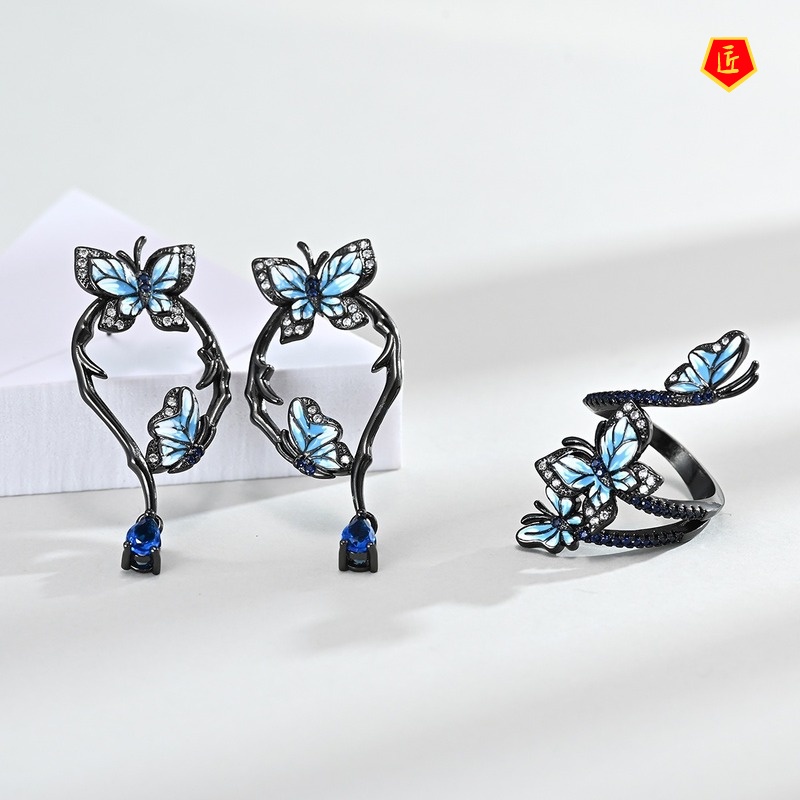 [Ready Stock]Three Butterfly Black Gold Ring Creative Elegant Ear Studs Suit for Women