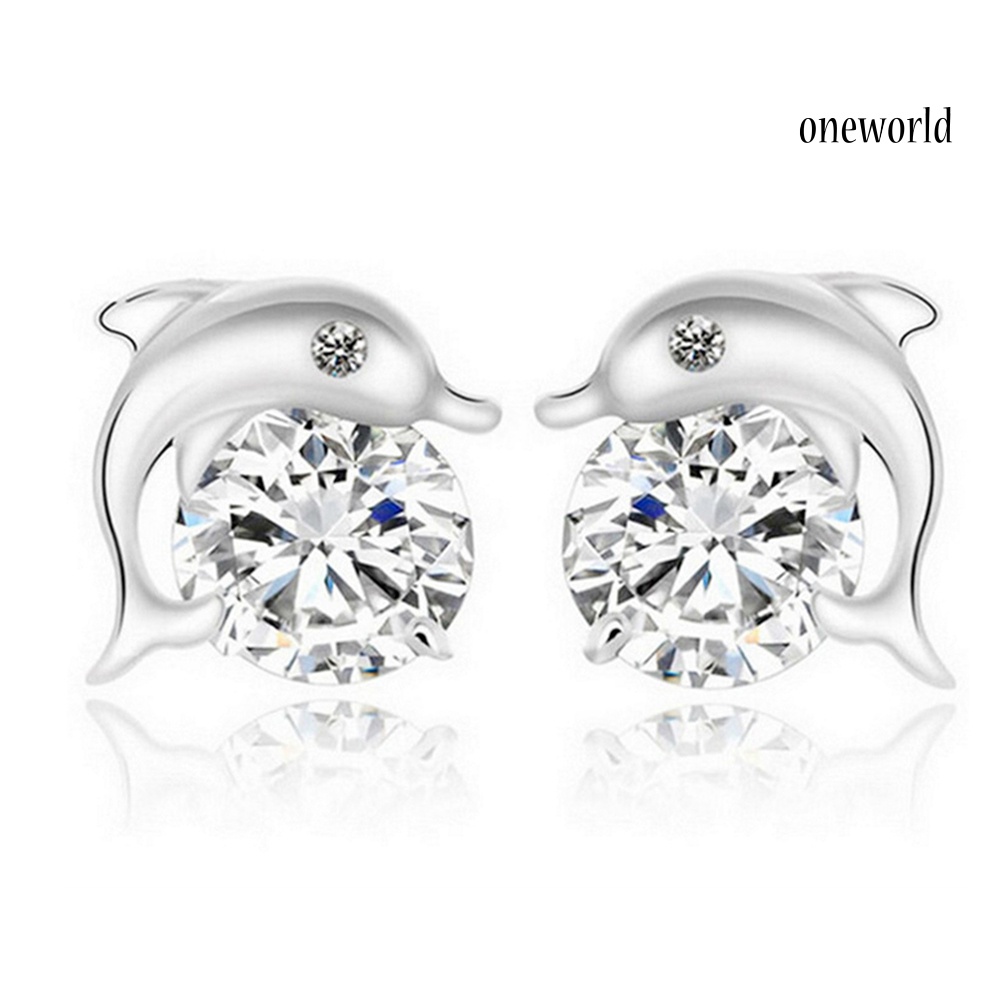 OW@ Cute Dolphin Silver Plated Cubic Zirconia Inlaid Ear Stud Women Earrings Jewelry