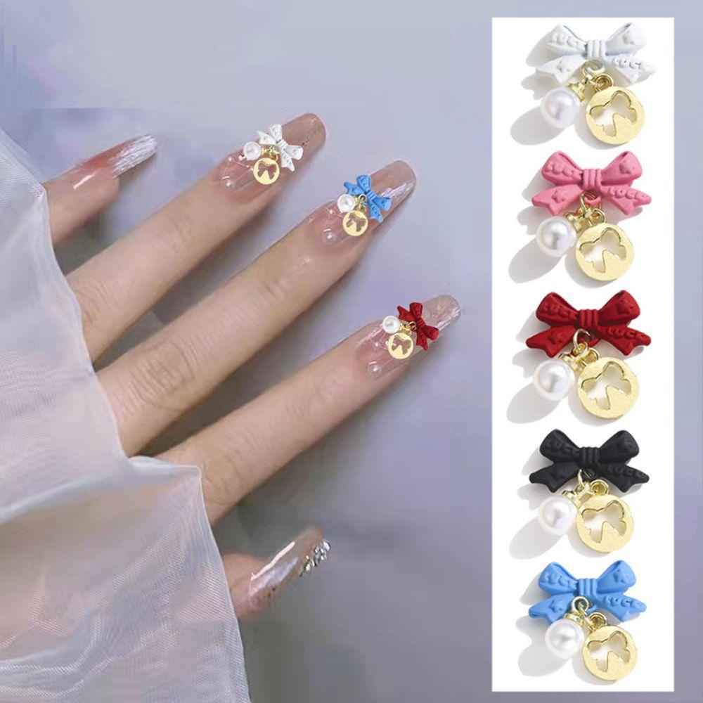 AUGUSTINA Agustin 3D Dekorasi Nail Art Warna Permen Flatback Mutiara Logam Liontin Hiasan Kuku Busur Kristal Kuku Berlian Imitasi