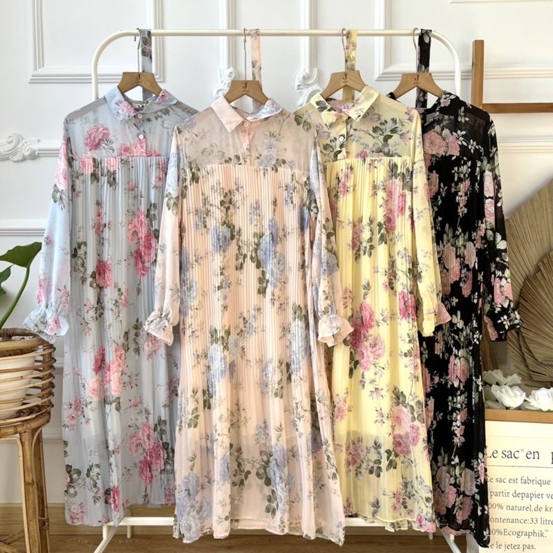 Midi Flowery Barita/ Midi dress bunga/Midi Ceruty import