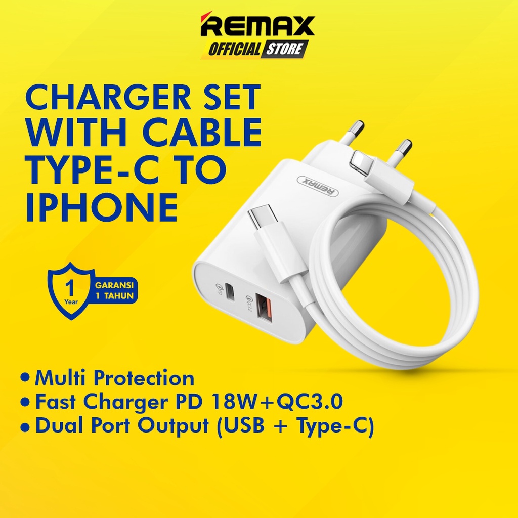 Remax Jane Bundling Charger Adapter 2 port Fast Charging 18Watt + Kabel Data Type C To Lighting iPh RP-U37 Original