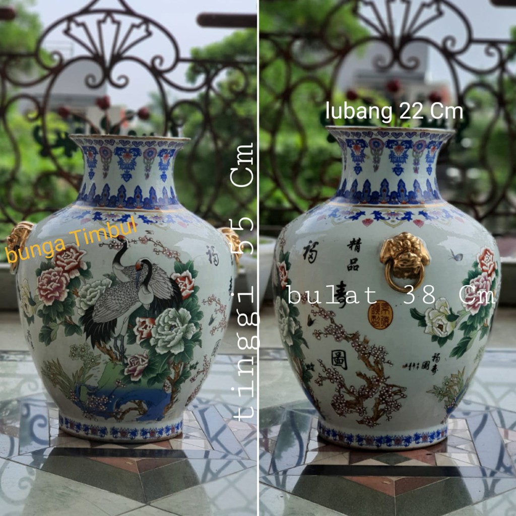 GUCI KERAMIK GUCI ANTIK IMPORT BAGUS MURAH MOTIF BURUNG BANGAU TIMBUL