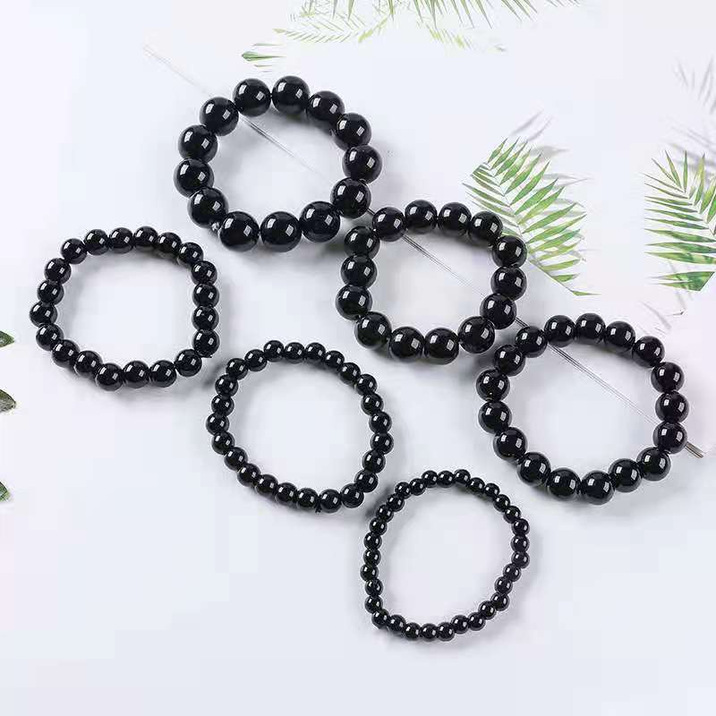 Gelang Manik-Manik Batu Obsidian Bulat Elastis Warna Hitam Untuk Pria / Wanita