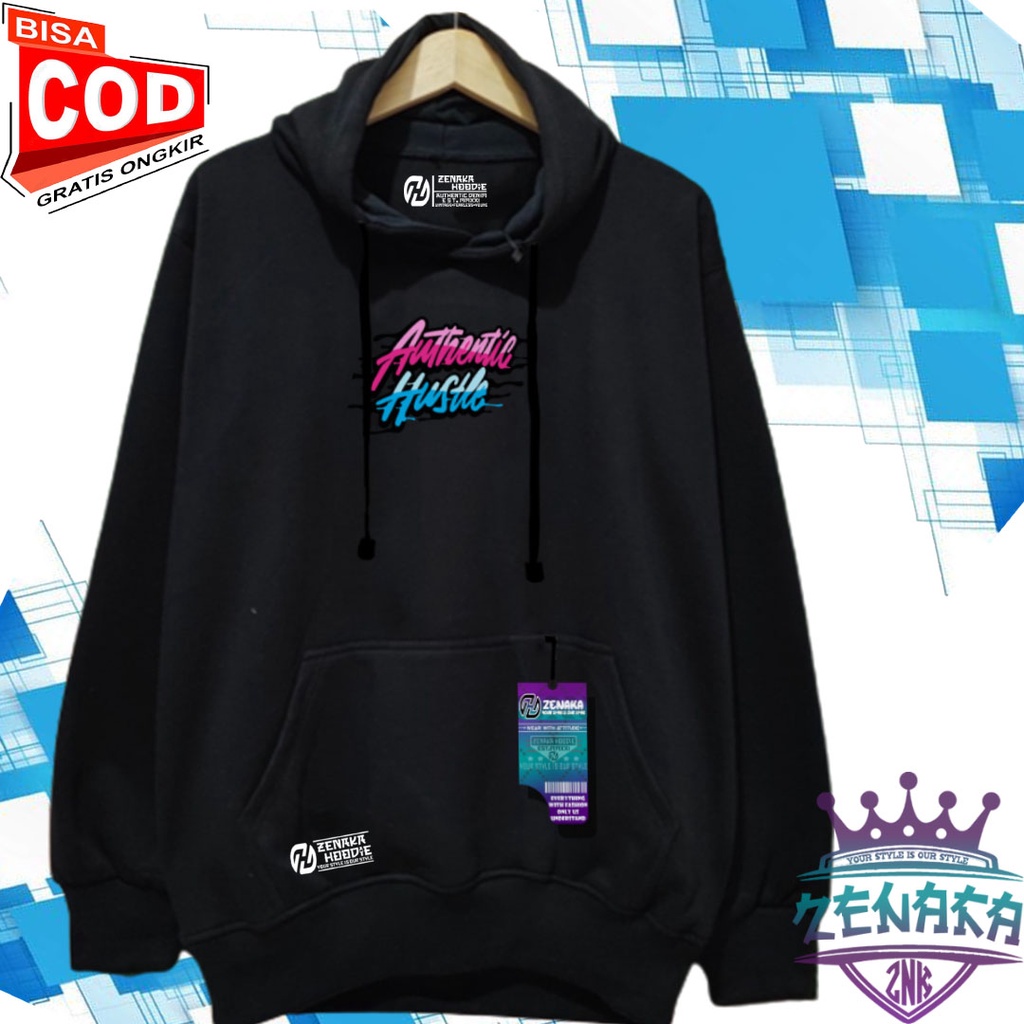 Sweater pria distro keren Zenaka Hoodie pria distro aesthetic graffity simple warna abu paralon Jaket pria terbaru 2022 keren Suiter cowok terbaru 2022 tebal Hodie pria hitam distro sablon authetntic hustle-HITAM