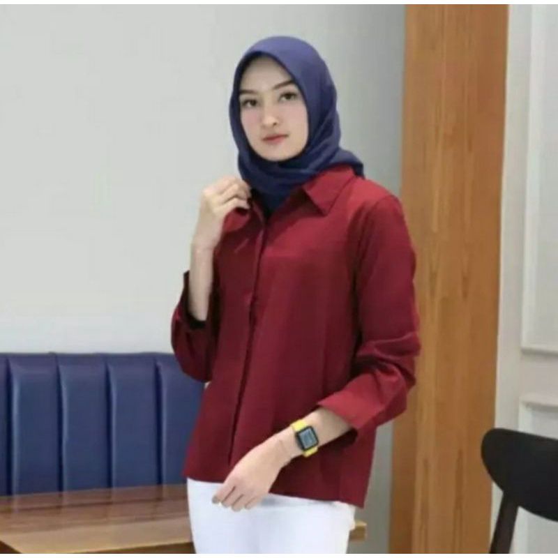 Baju Kemeja Wanita Kerja Kantor Lengan Panjang Murah Polos Casual Korea Putih Harian Jumbo Hitam rh1-Maroon