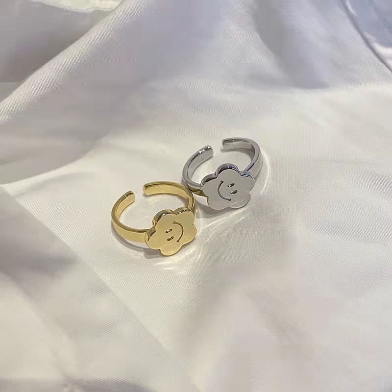 Cincin Model Terbuka Desain Bunga Tersenyum Warna Emas Dan Silver Dapat Disesuaikan Untuk Aksesoris