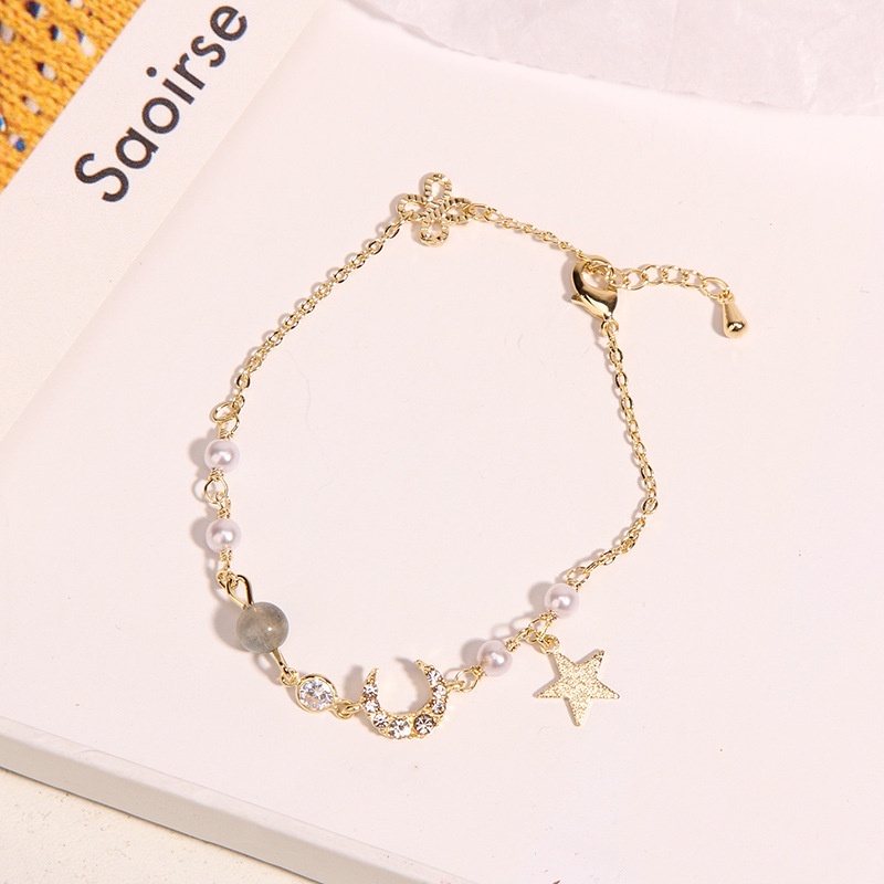 HC Gelang Couple Gelang Mutiara Gelang Rantai Sederhana Wanita Korea Aksesoris Fashion Wanita Gelang Rantai Adjustable Simple Model Bulan Bintang Unisex-HC8642 UNGU