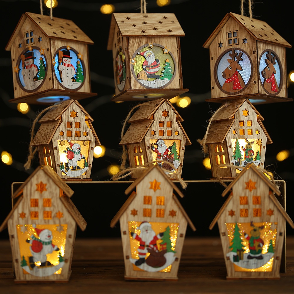 Hiasan Natal Rumah Kayu Wooden House LED Hiasan Pohon Natal Christmas Lamp